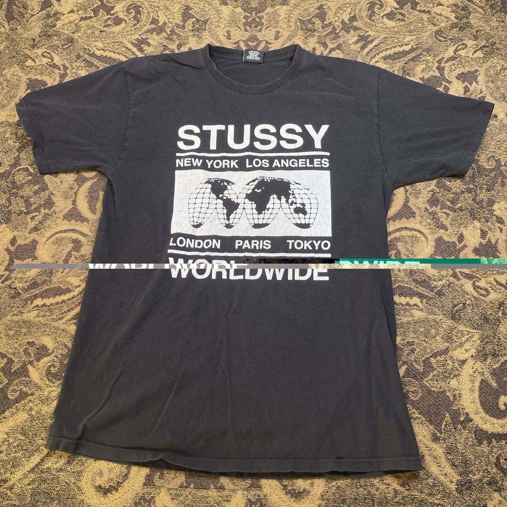 Vtg Y2K Stussy Worldwide Logo Graphic Black T-Shirt Mens Size Large